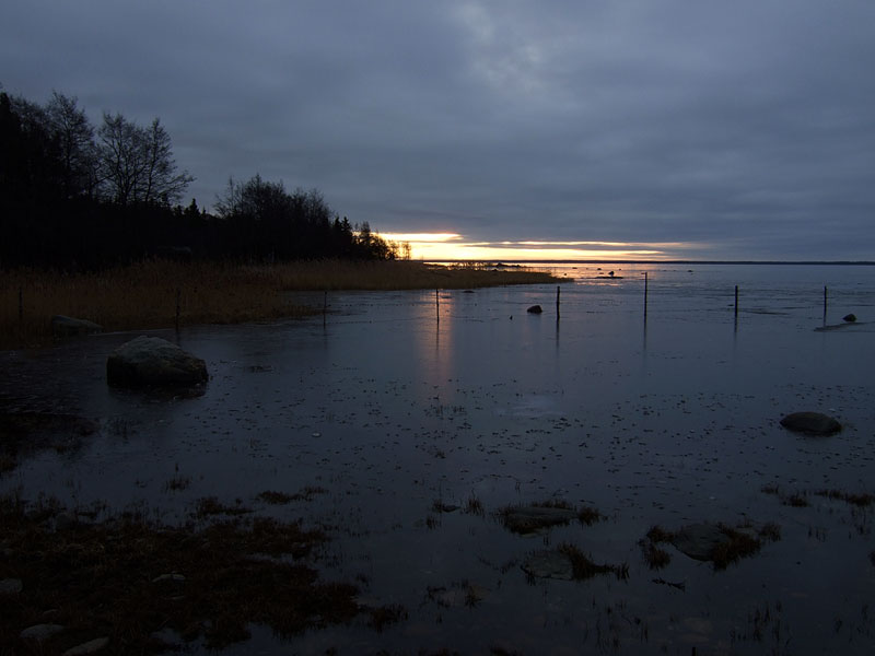Auringonnousun aikaan rannassa
